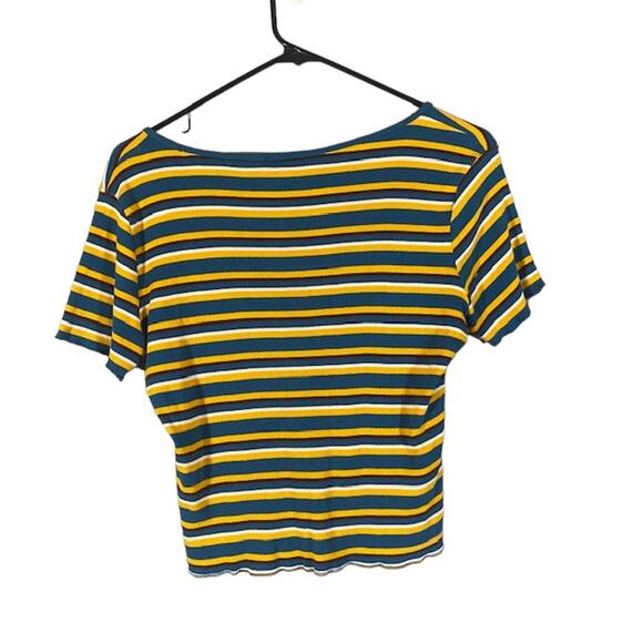 Zara Blue & Yellow Multicolor Striped Short Sleeve Cropped Top Women Sz L - Picture 2 of 7
